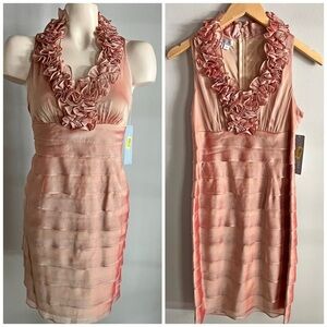 LONDON TIMES vintage Halter Ruffle Neck Cocktail Dress Peach Rose Gold Satin